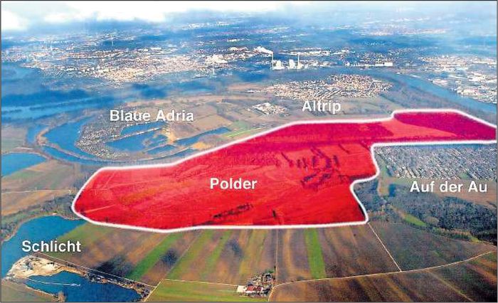 Das Gebiet des vom Land geplanten Polders zwischen Waldsee, Altrip und Neuhofen: Auf einer Fläche von 330 Hektar (= 500 Fußballfelder) soll Raum für bis zu 8 Millionen Kubikmeter Wasser sein. FOTO: LENZ